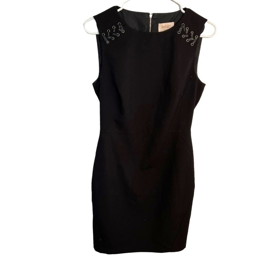 Laundry By Shelli Segal Womens Sheath Dress Black Lace Up Shoulders Faux Leather